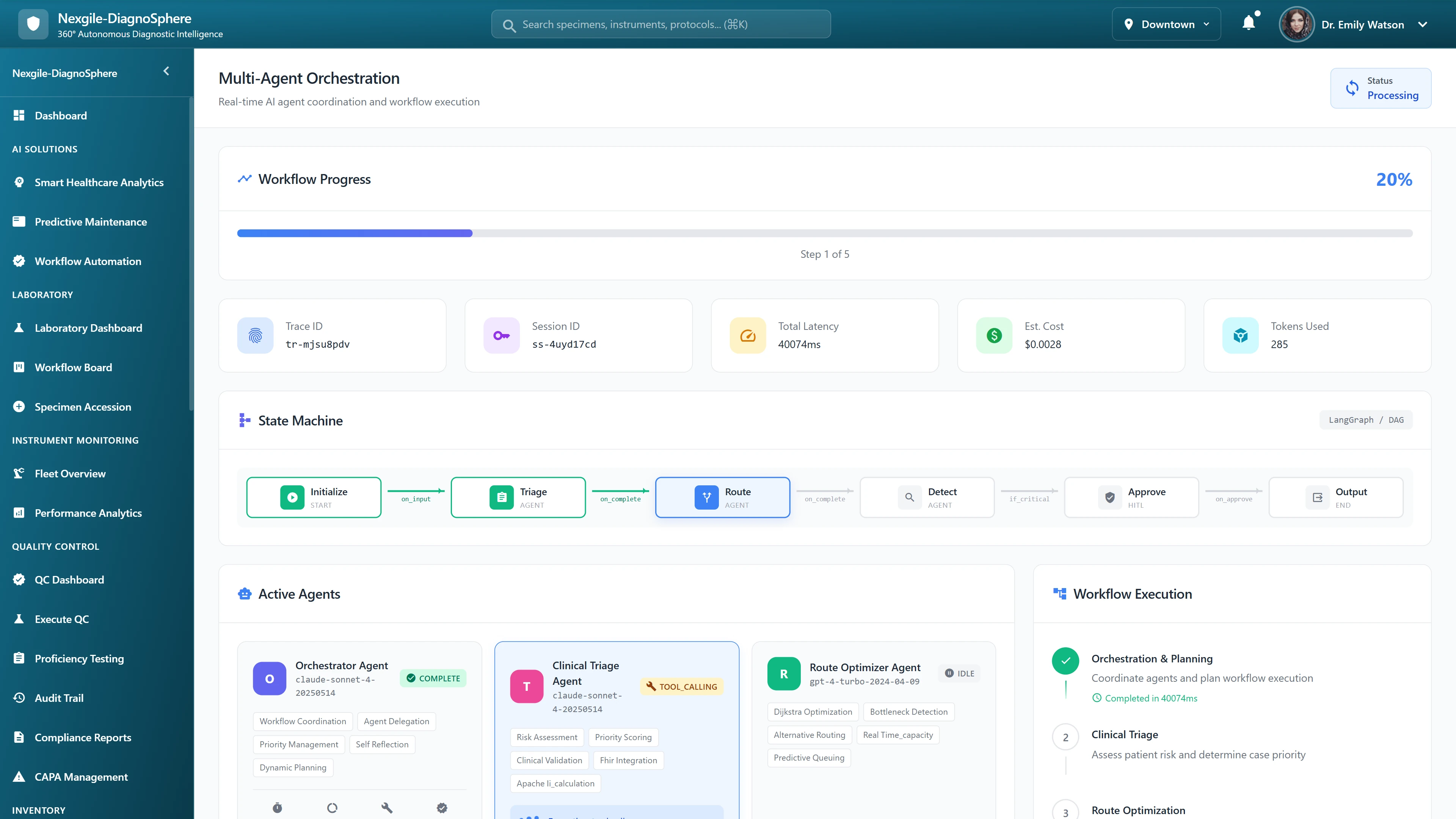 Multi-Agent Orchestration Dashboard - Real-time workflow progress showing active agents and state machine execution