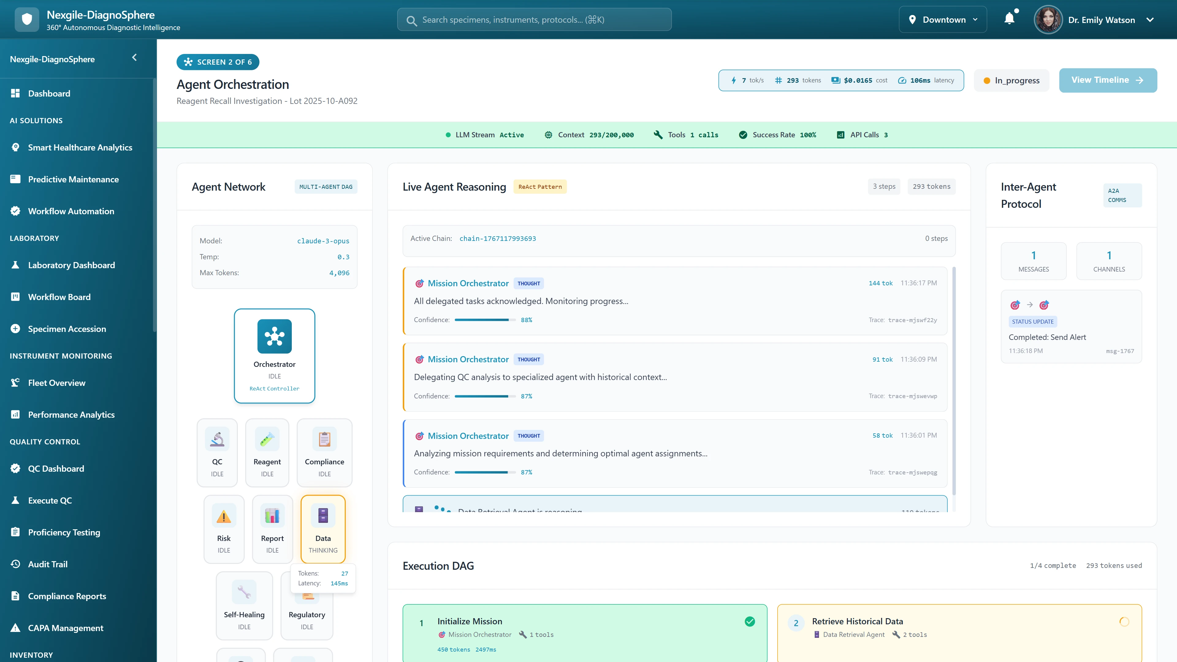 Agent Orchestration View - Multi-agent network coordination with live reasoning traces and execution DAG