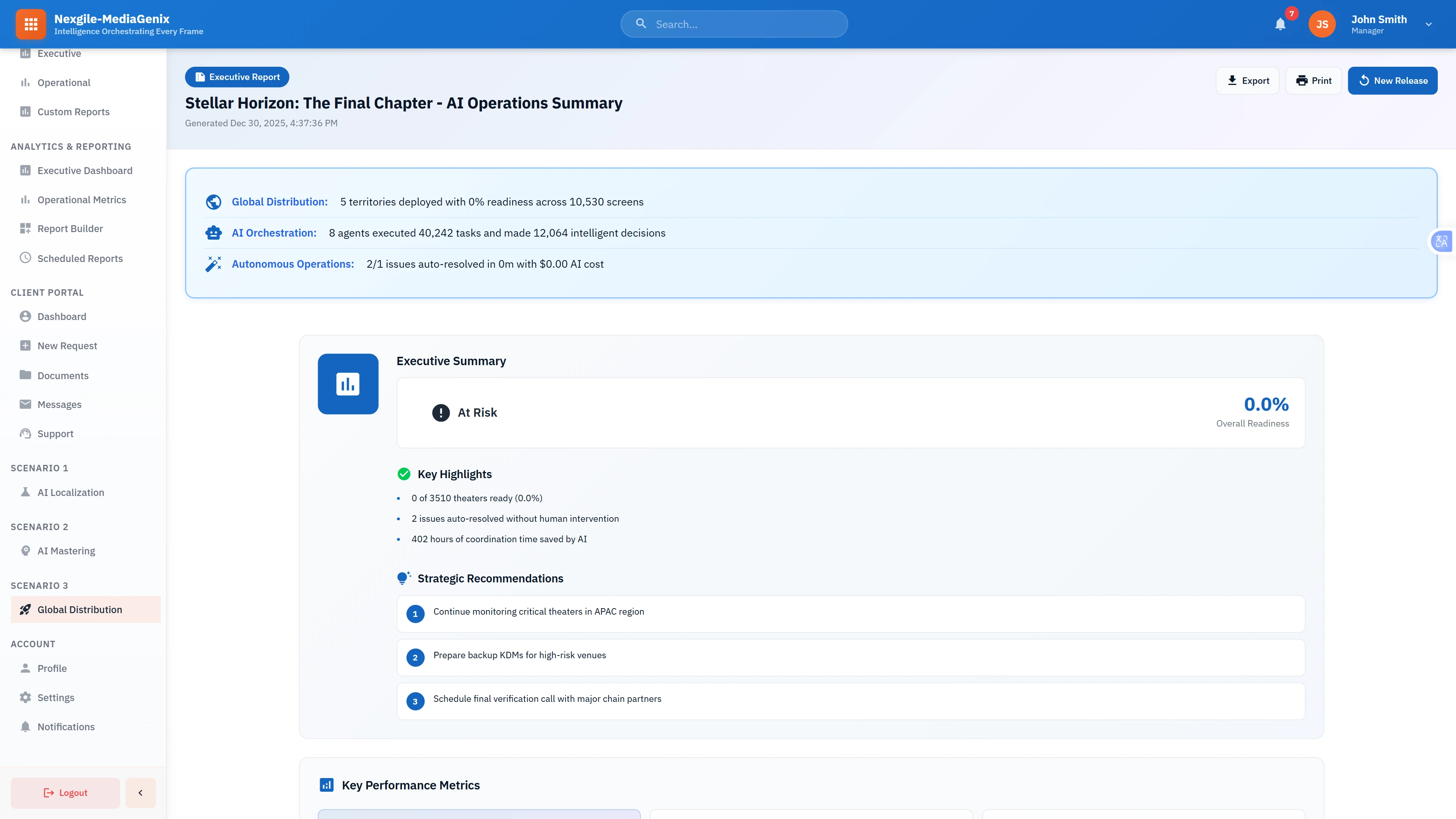 Release Performance Report: Comprehensive AI operations analysis showing deployment readiness, orchestration efficiency, autonomous operations savings, and actionable insights for stakeholders