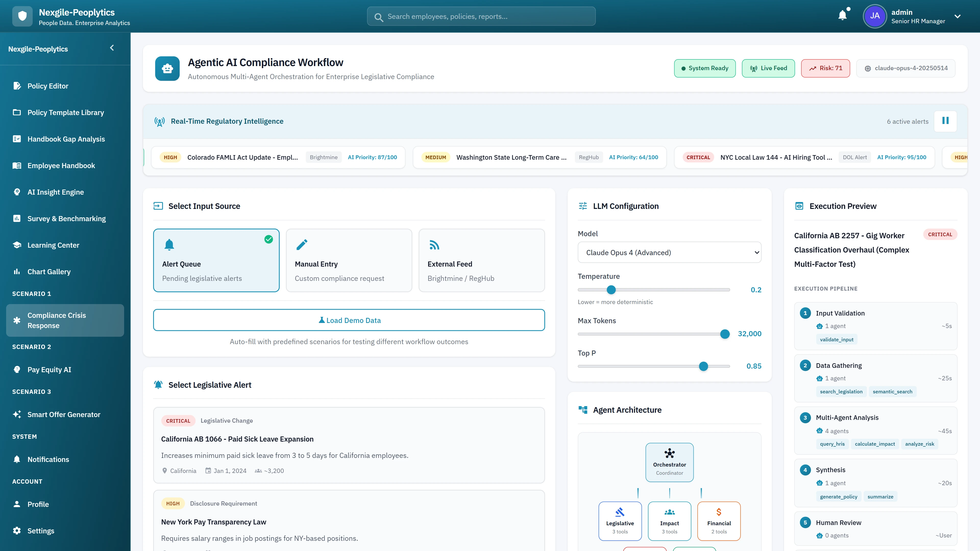 Agentic AI Compliance Workflow - Input source selection, LLM configuration, legislative alert selection, and agent architecture overview