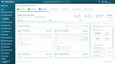 AI Agent Orchestration Engine - DAG execution pipeline with active agents, system metrics, processing telemetry, and Kafka message queue